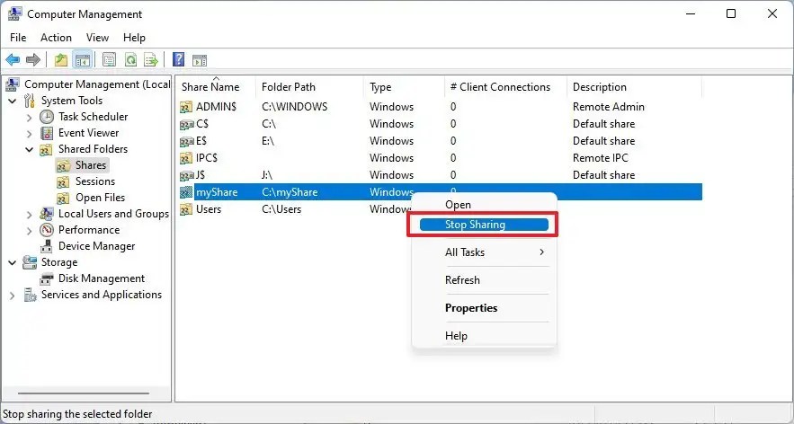 Stop sharing folder using Computer Management