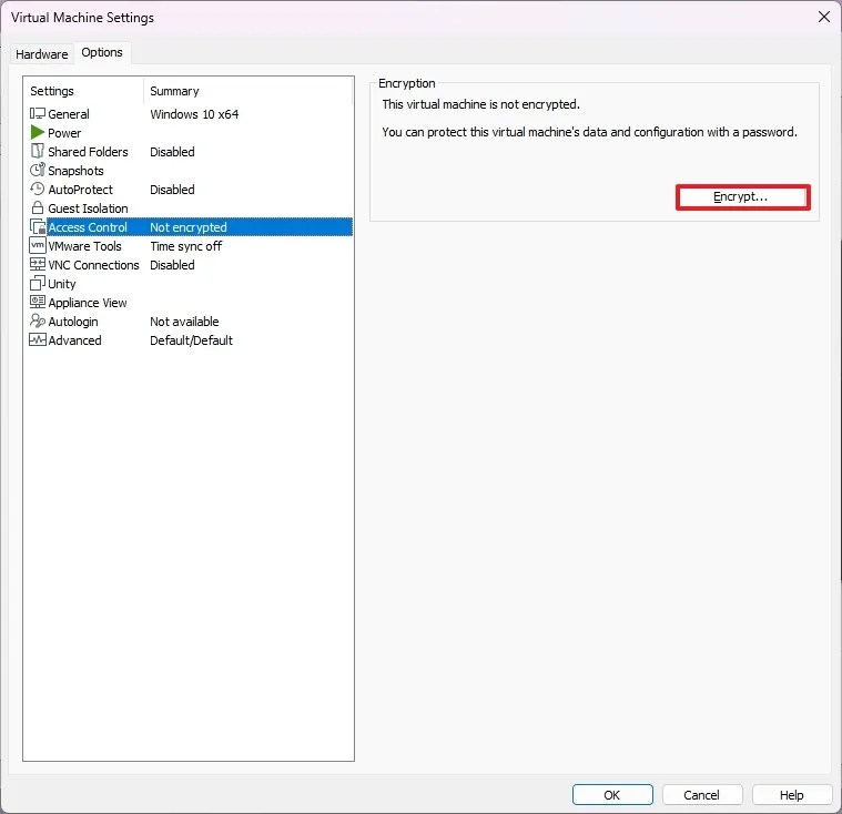 VMware Access control Encrypt option