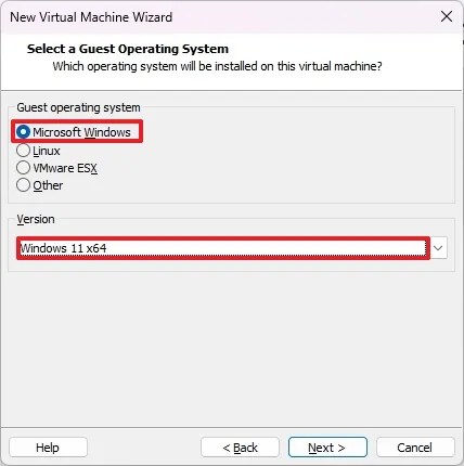 VMware select VM OS option