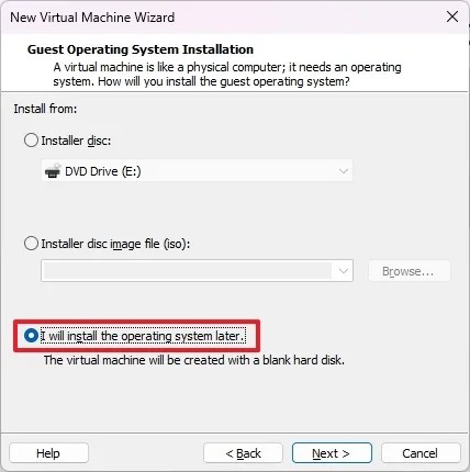 VMware install of later option