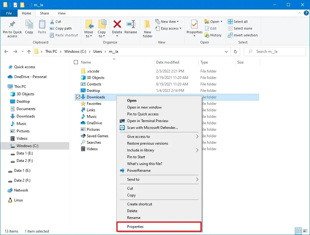 File Explorer context menu properties