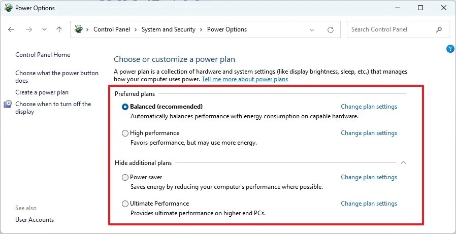 Control Panel power modes