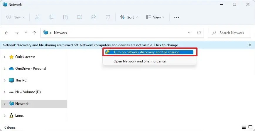 Turn on network discovery and file sharing 