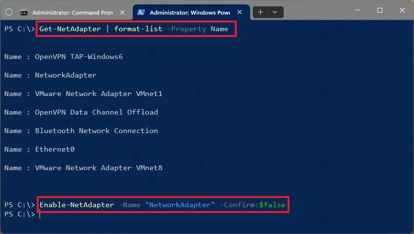 PowerShell enable network adapter command