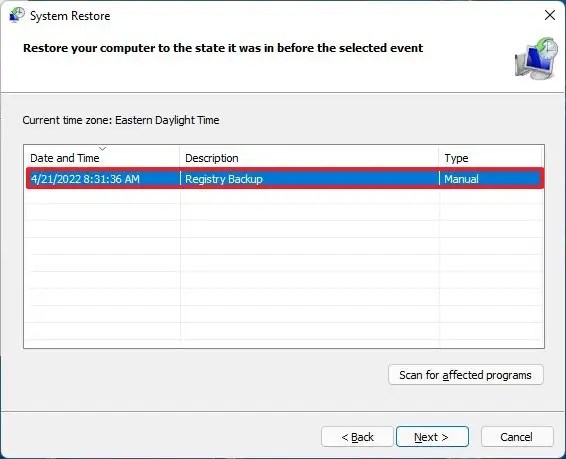 Select Registry backup