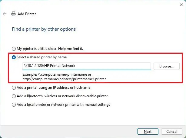 Chọn máy in được chia sẻ