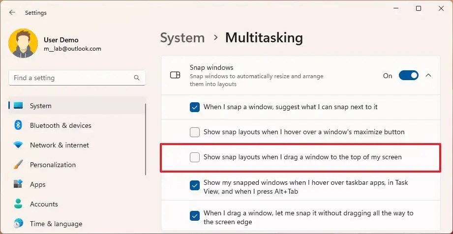 Desabilitar layouts Snap na parte superior da tela