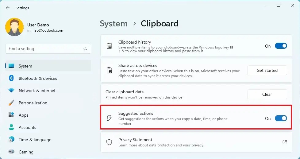 Enable Suggested actions