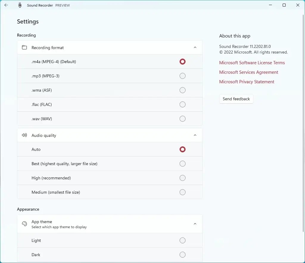 Sound Recorder settings