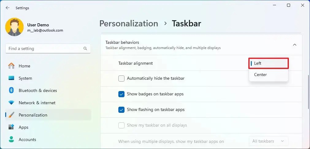 Mover a barra de tarefas para a esquerda nas configurações
