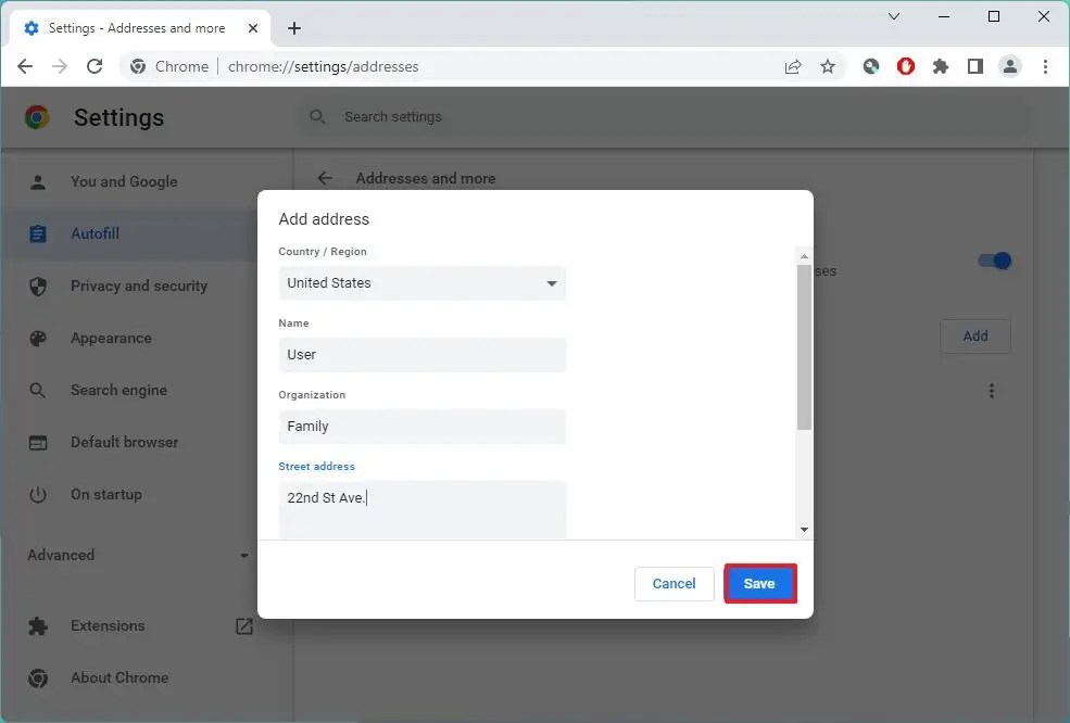 Add autofill address on Chrome