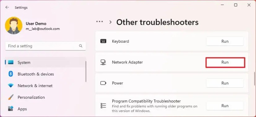 Run network adapter troubleshooter