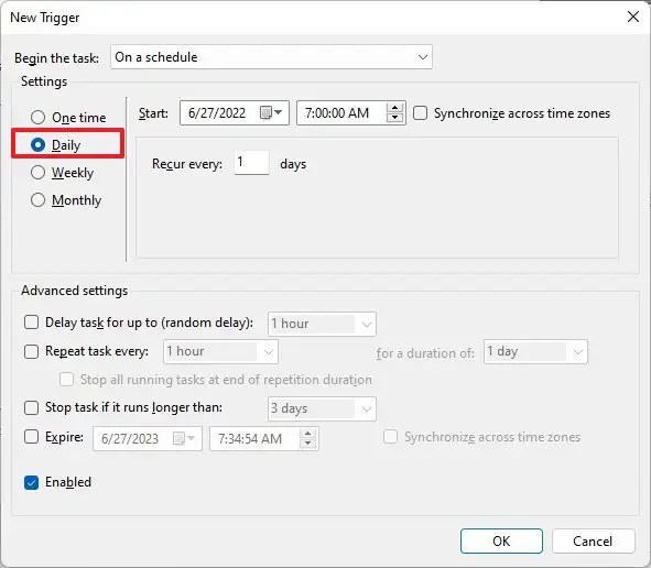 Task schedule configuration for restore points
