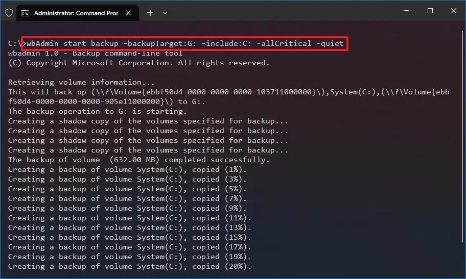 wbAdmin create full backup