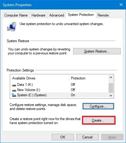 Create restore point option