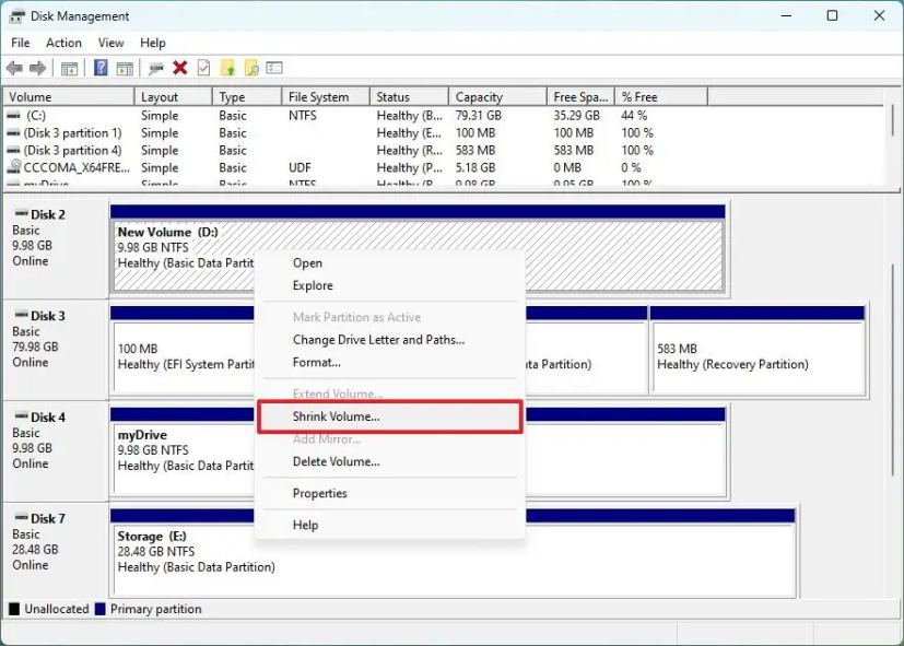 Disk Management shrink volume