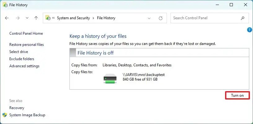 File History enable network folder
