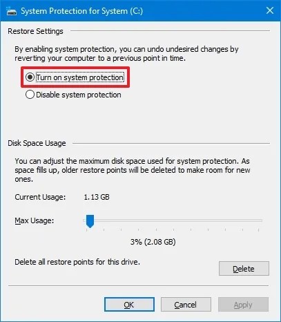 Turn on system protection