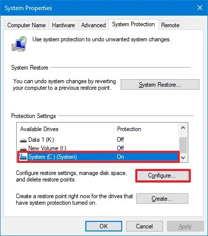 System Restore point settings