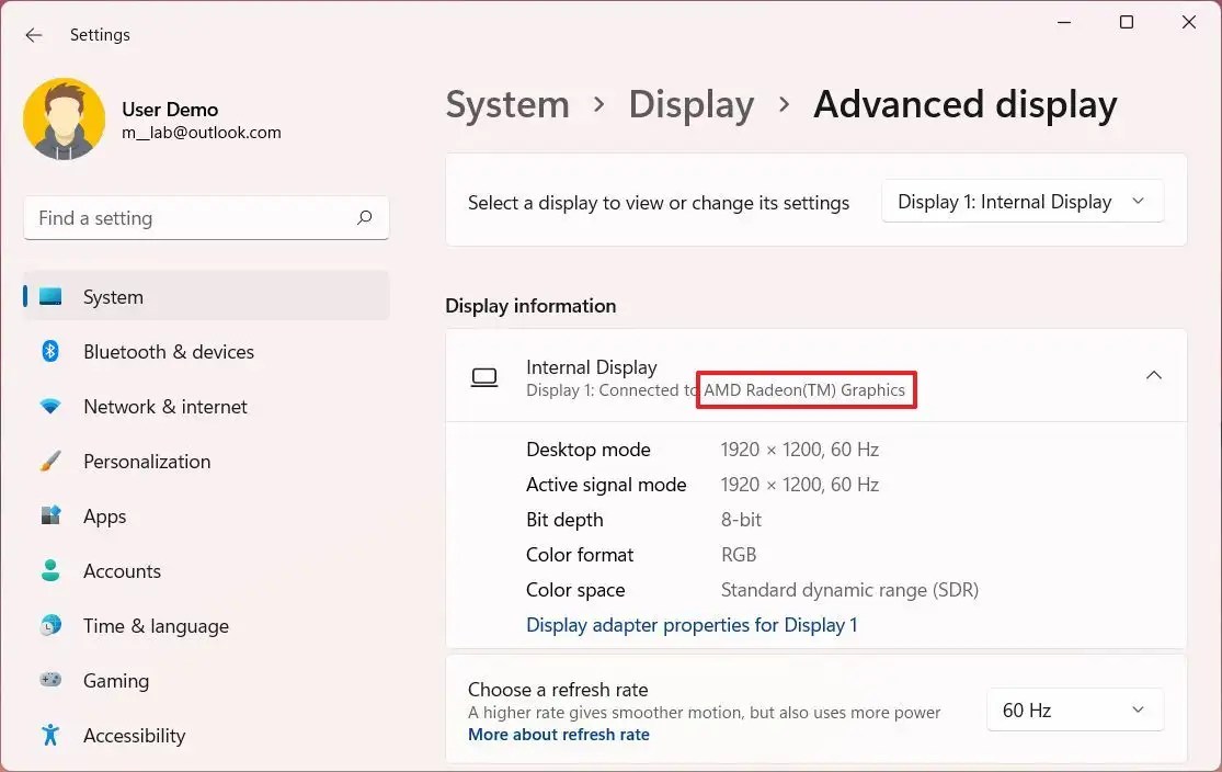 Check GPU in Advanced display settings