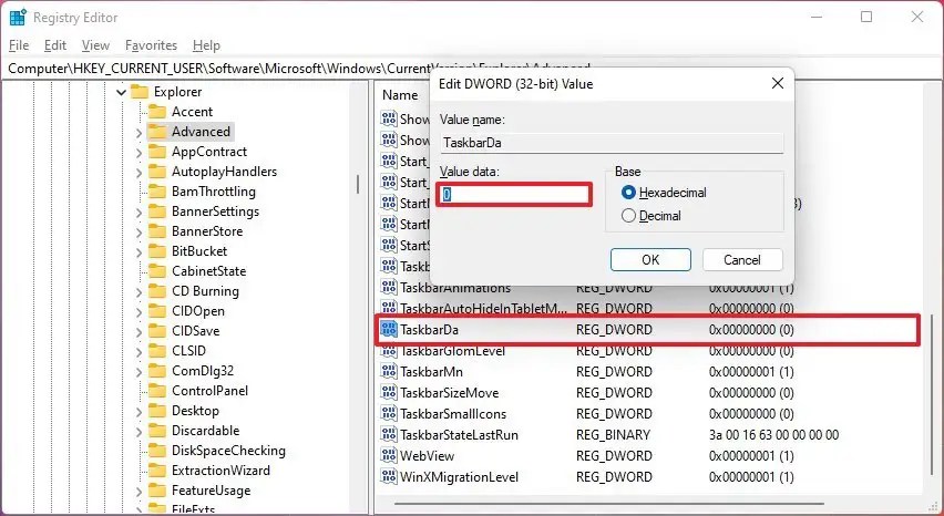 Registry disable Taskbar Widgets