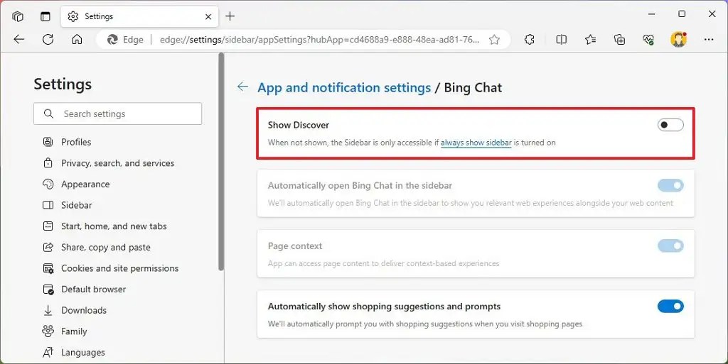 Microsoft Edge disable Bing Chat