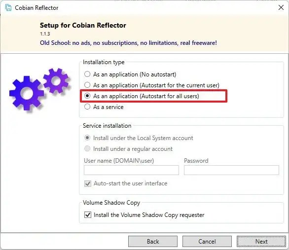Cobian install settings