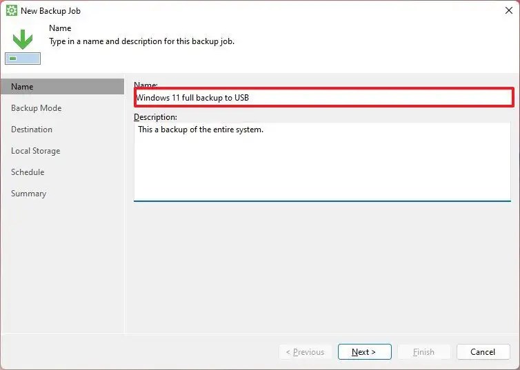 Veeam create new Windows 11 backup