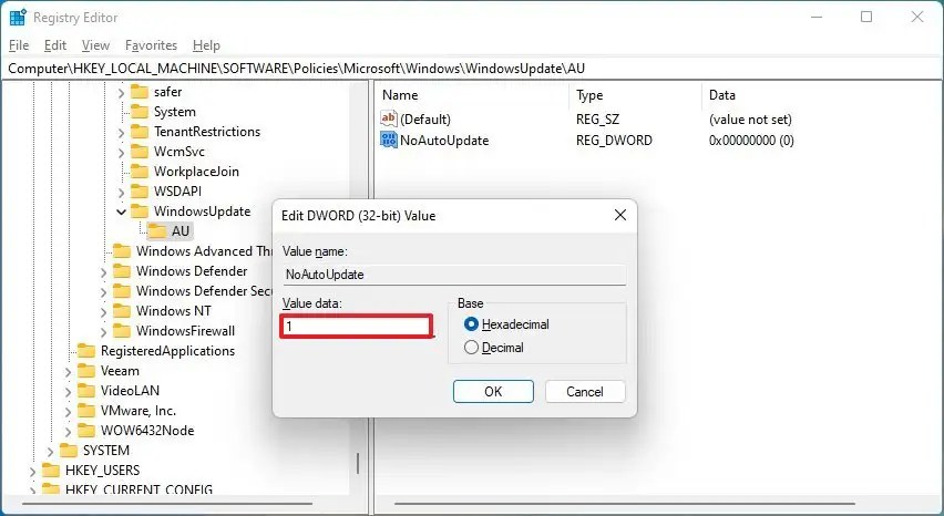 Windows 11 disable updates from Registry