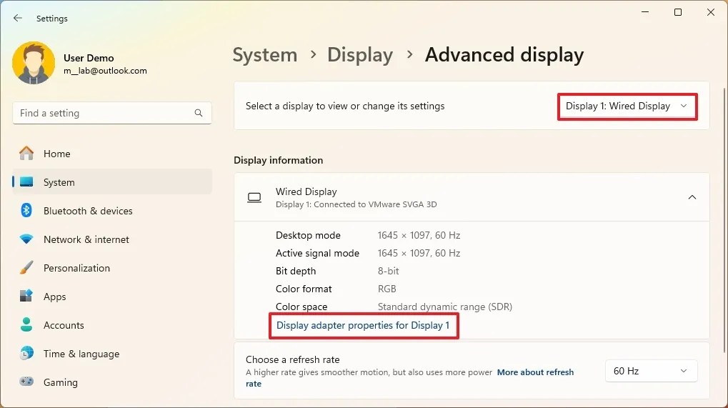 Control Panel Display adapter properties