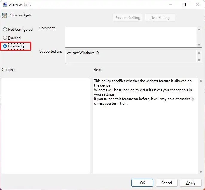 Group Policy disable Taskbar Widgets