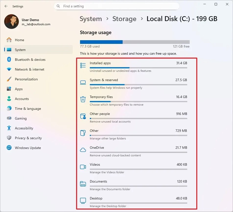 Storage usage by file type