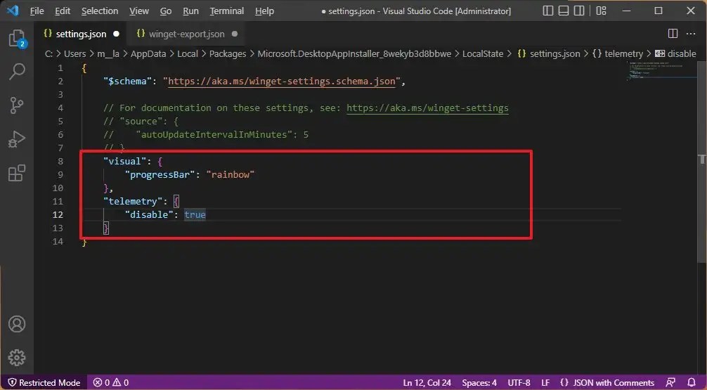 WinGet settings.json edit