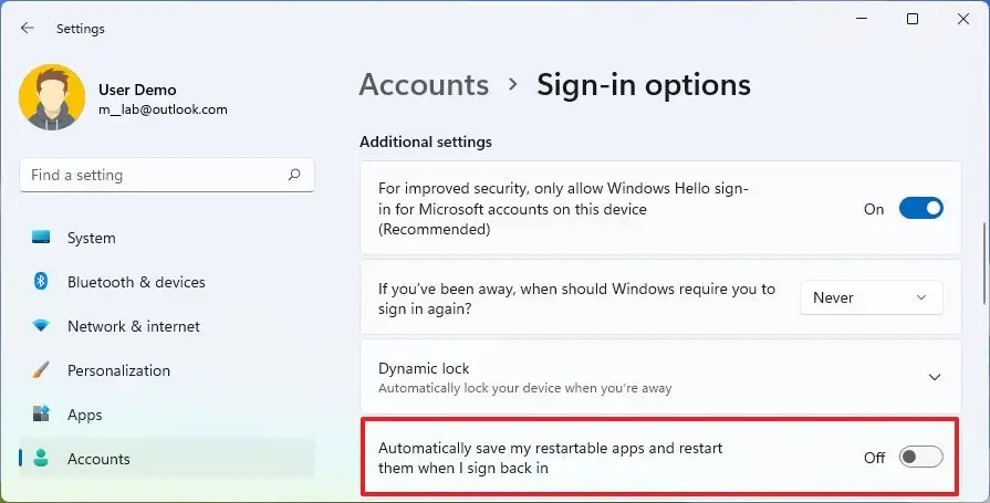 Automatically save my restartable apps and restart them when I sign back in