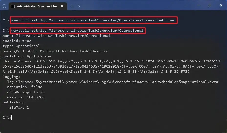 Task Scheduler enable history command