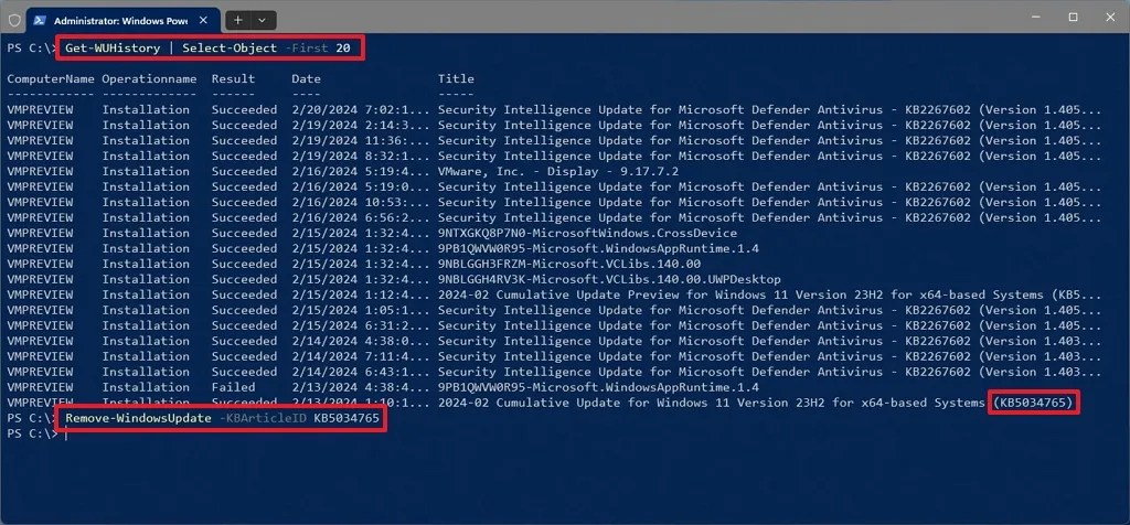 PowerShell remove problematic updates