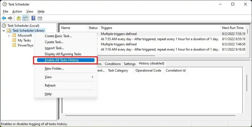 Task Scheduler enable history