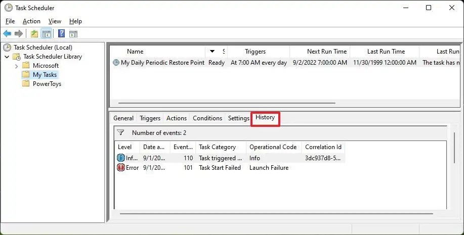 Task Scheduler view task history