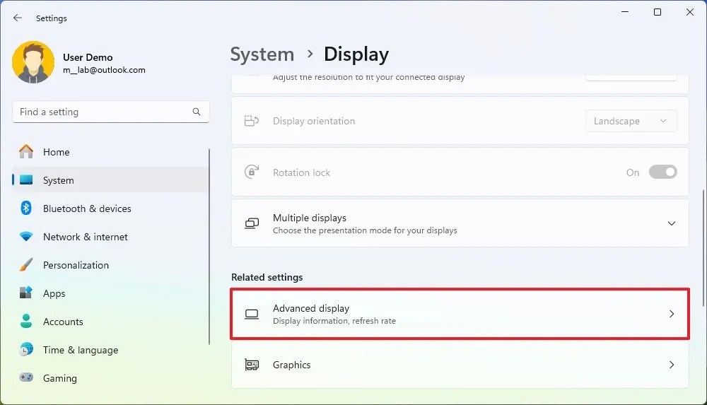 Advanced displays settings