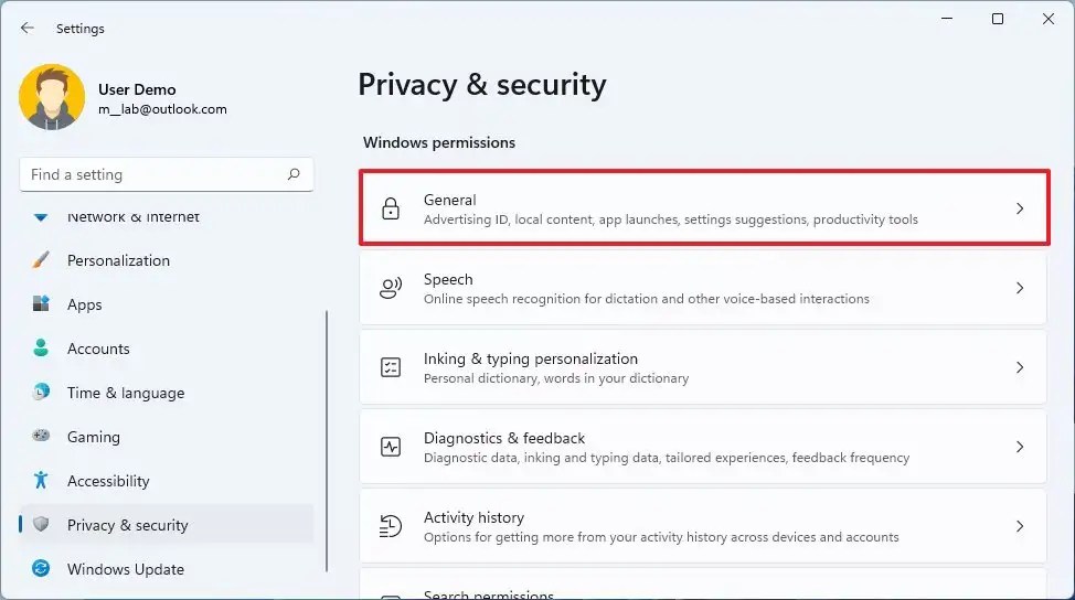 Windows Permissions general settings