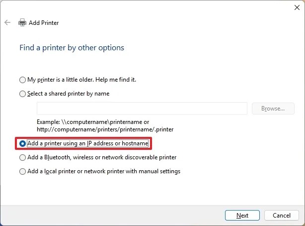 Add printer using IP address or hostname