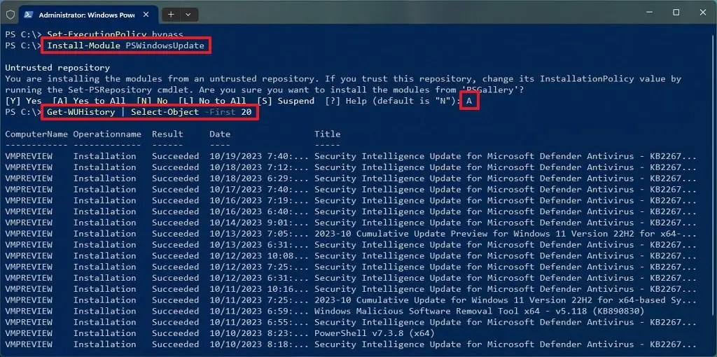 PowerShell recent system updates views