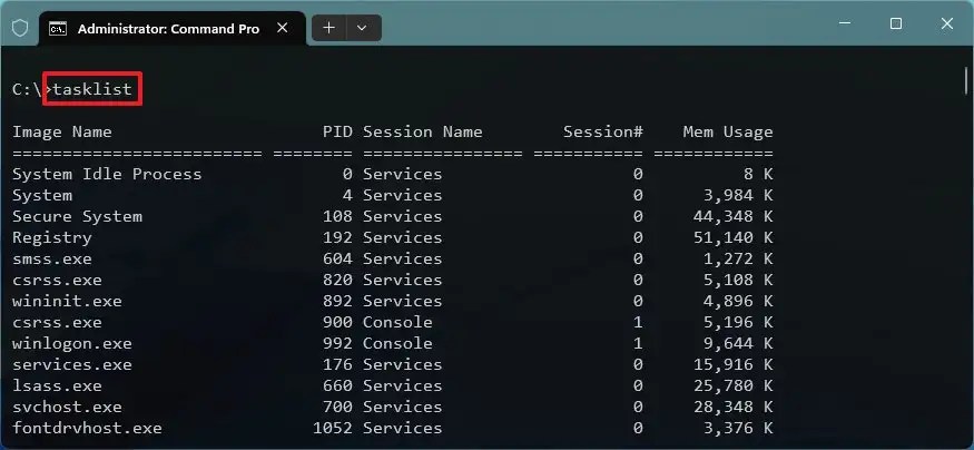 Command Prompt tasklist