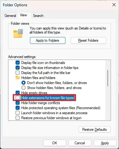 Hide extensions for known files disabled