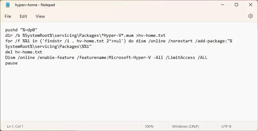 Windows 11 Home script install Hyper-V