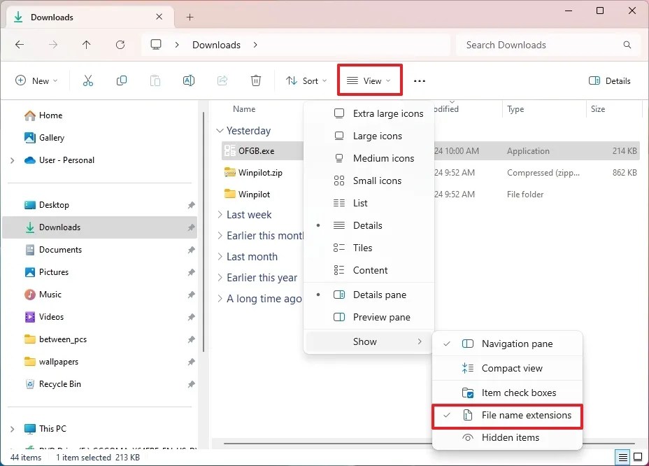 Mostrar extensões de nome de arquivo