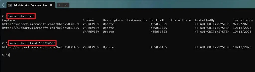 Command Prompt Windows 11 update history view