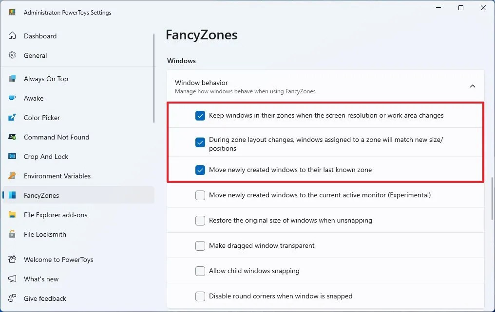 FancyZones window behavior