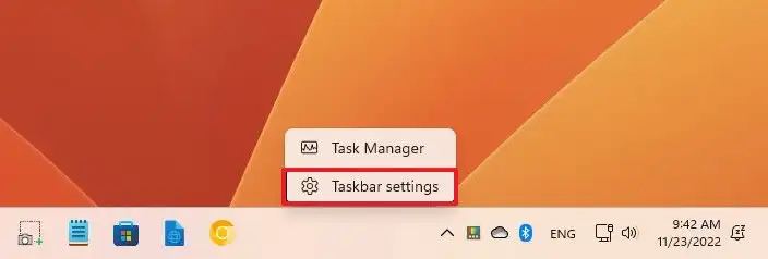 Taskbar context menu open Settings app