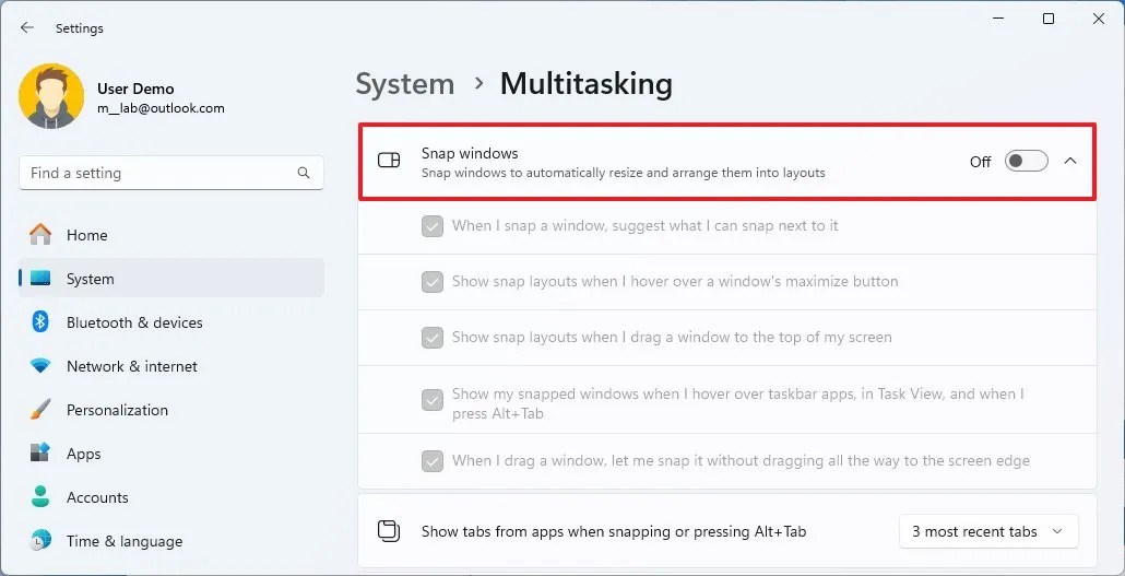 Windows 11 disable Snap